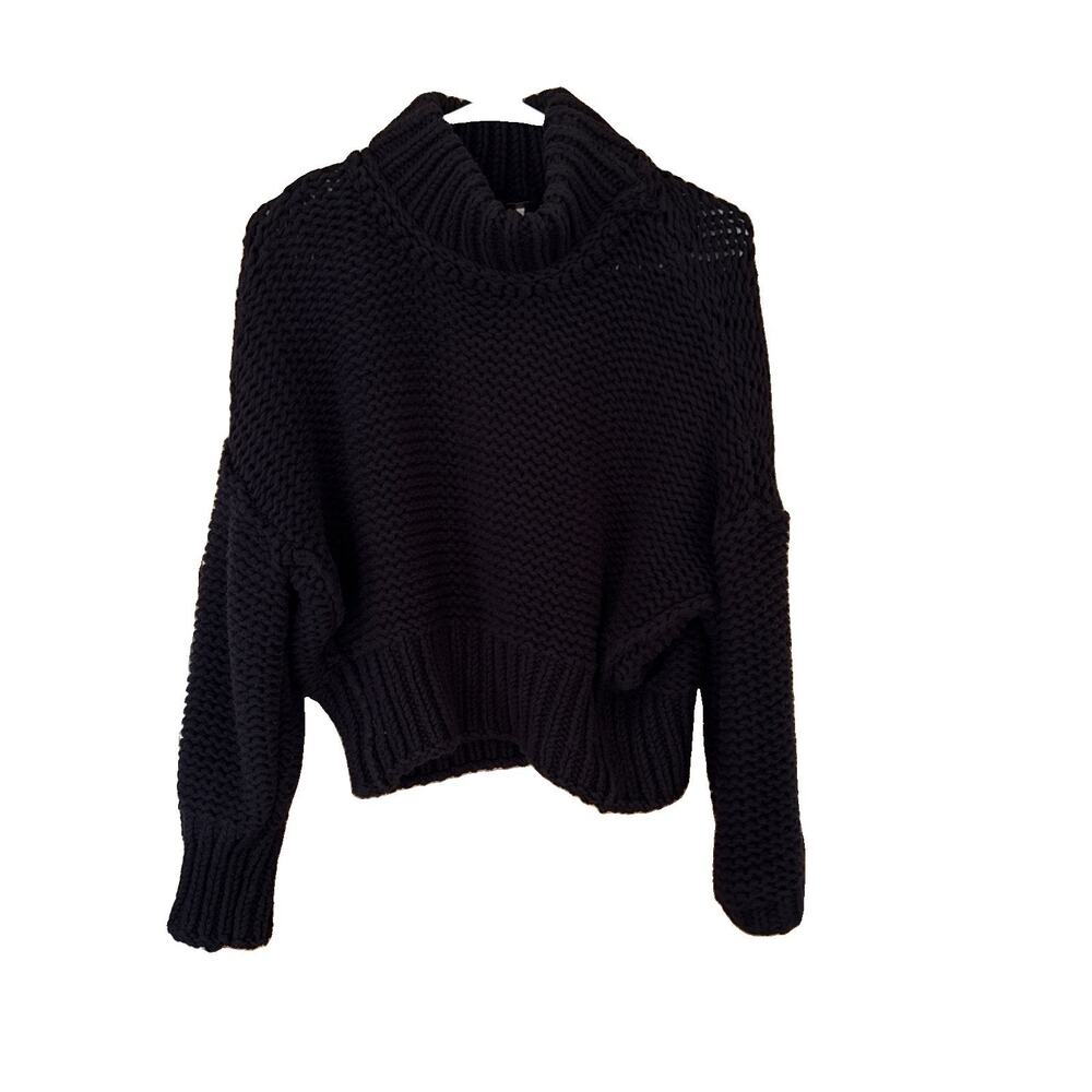 Free People Only Sunshine Black Chunky Knit Turtle Neck Sweater Size S